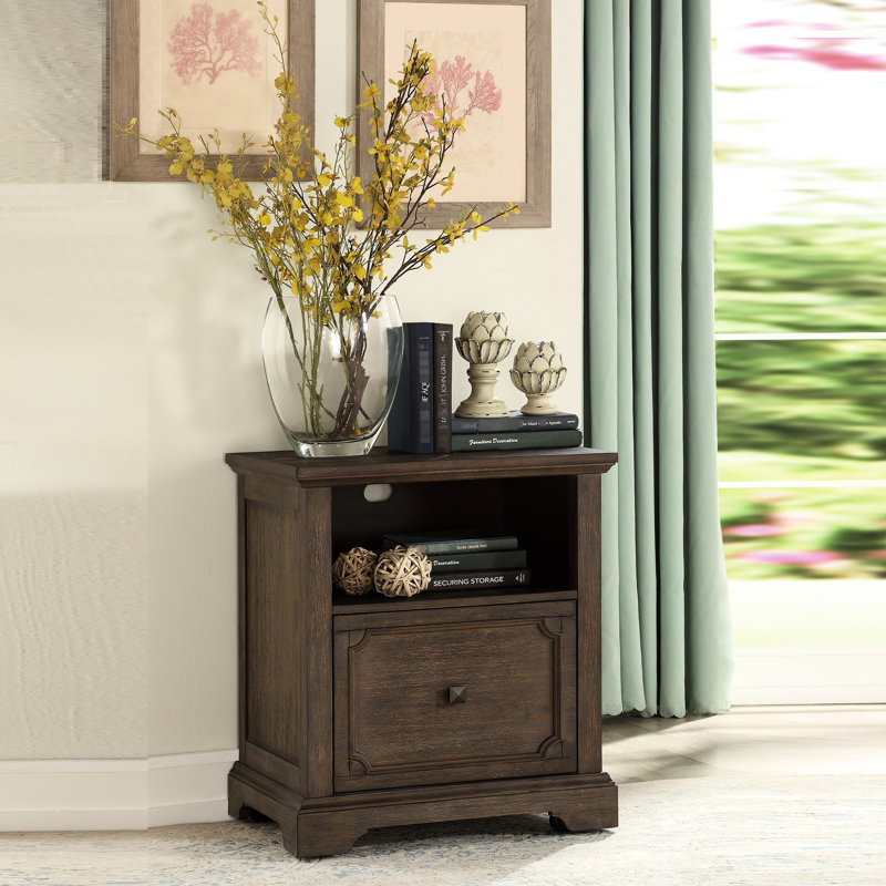 Classeur de bureau avec finition en chêne foncé, glissières de roulement dans le tiroir, rangement et rangement pour documents de style rustique de style transitionnel 1pc avec tablette, découpes de gestion des fils faciles