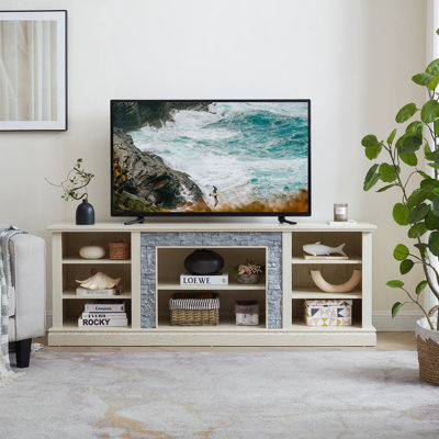 Grand support de rangement pour bureau de télévision avec bordure en faux pierre, console média avec grand meuble de rangement, meuble télé multimédia moderne, l 70,12 po x P 15,35 po x H 25,83 po