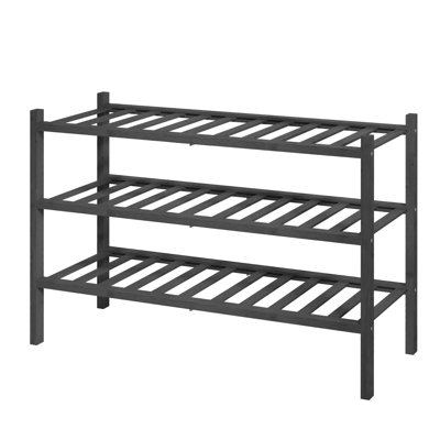 Bamboo Wooden Shoe Rack for Closet - Stackable Shoe Organizer with Modular Structure, Space-Saving Shoe Shelf for Entryway, Living Room, Bedroom, 26.8" Wide - 3 Tiers, Black