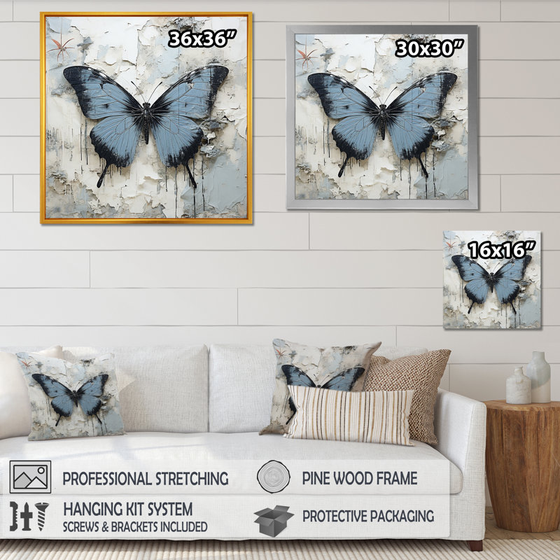 «Urban Butterflies Graffiti Accents», reproduction sur toile papillon, H 36 po x l 36 po x P 1,5 po, Cadre simple argenté