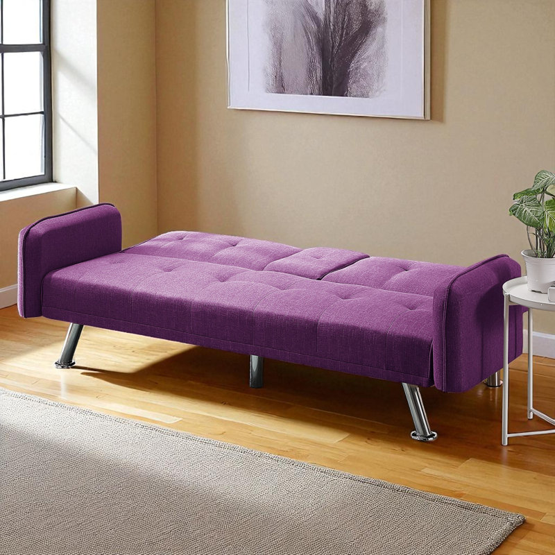 Perdue 74" Wide Futon Sofa Bed, Modern Convertible Couch Sleeper Sofa With 2 Cup Holders, Purple Linen