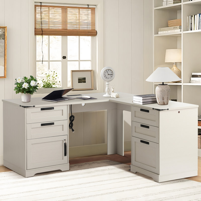 Bureau de direction en L avec tiroirs, bureaux à domicile avec station de charge, tiroir classeur, armoire de rangement réglable verrouillable, grande table d'ordinateur d'angle pour le travail et les études