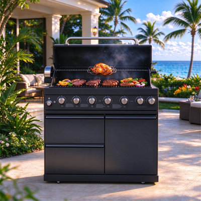 Barbecue au gaz propane liquide à 6 brûleurs, barbecue pour îlot de barbecue en acier inoxydable de luxe 85 000 BTU avec ensemble de rôtisserie, lumières DEL, 2 tiroirs de rangement, jauge de température et ouvre-bouteille pour la cuisine extérieure de patio
