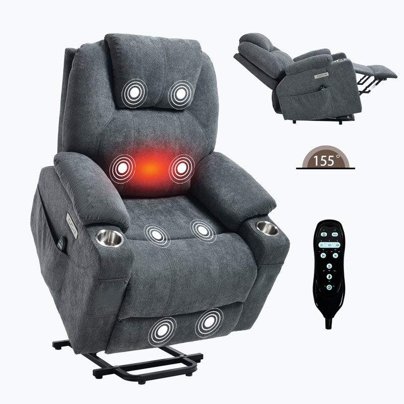 Up To 350 Lbs Chenille Power Lift Recliner Chair, Heavy Duty Motion Mechanism With 8-point Vibration Massage And Lumbar Heating, Usb And Type-c Ports, Stainless Steel Cup Holders