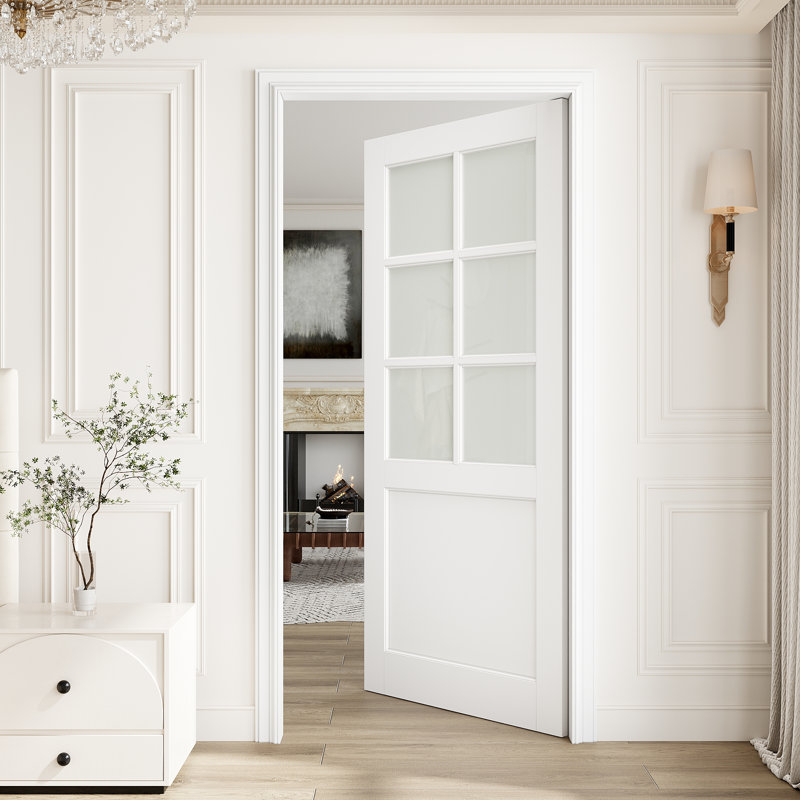 Porte intérieure en verre trempé givré de 36 po x 80 po 6-Lite, porte intérieure en blanc apprêté prêt à peindre, sans quincaillerie, pour la chambre à coucher, le placard, le couloir, le salon, le garde-manger et la salle de bain , Française et pliante