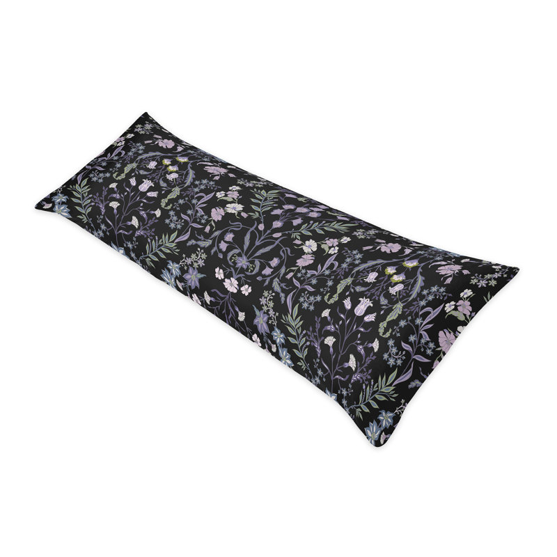 Boho Floral Wildflower Black and Purple Body Pillow Cover Case 54x20 (Pillow Not Included) by Sweet Jojo Designs