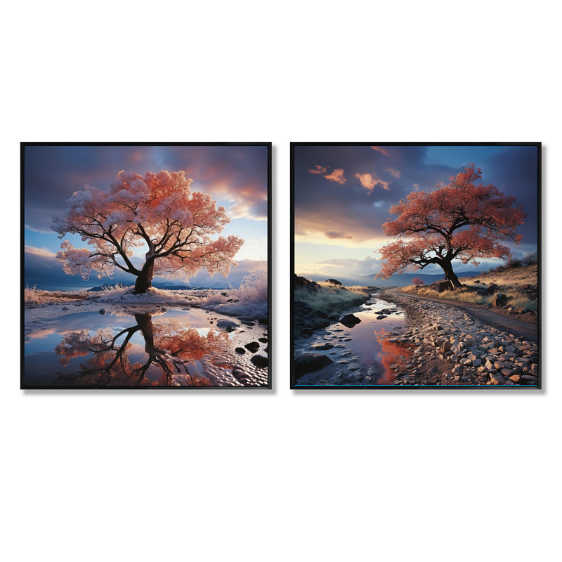 Arbre arc-en-ciel, paysage d'hiver - ensemble de 2 arbres carrés, Cadre flottant noir, H 36 po x l 73 po