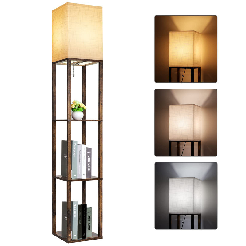 Lampe sur pied brun rustique moderne: température de couleur réglable, trois tablettes