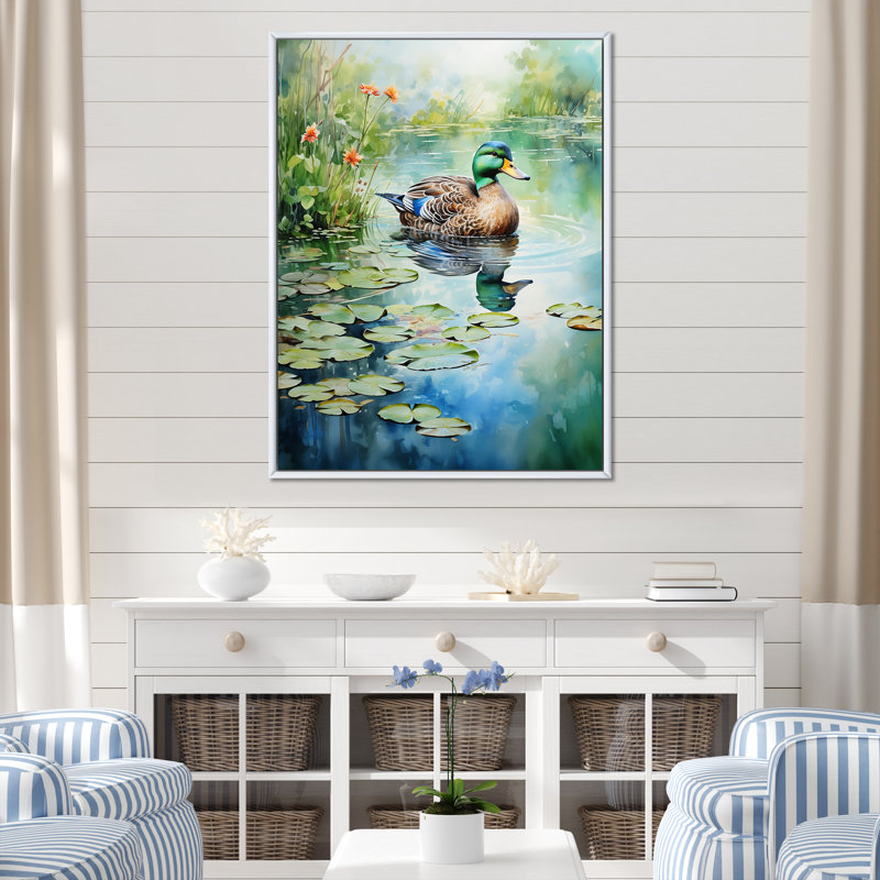 Duck Pond Reflections IV - Duck Animal, art mural, Cadre flottant blanc, H 20 po x l 12 po