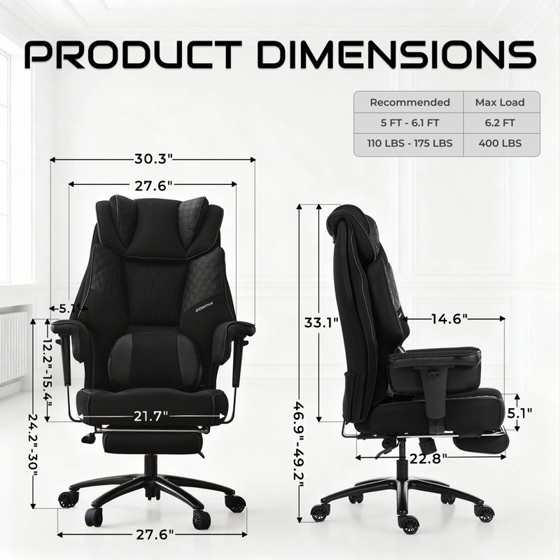 Big and Tall Office Chair with Massage Lumbar Support, Gaming Chair with Adjustable Armrest and Wide Thick Seat Cushion, Executive Chair with Footrest, 400LBS