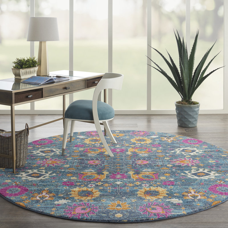Tapis floral bleu / rose en polypropylène tissé à la machine, Rond 8 pi