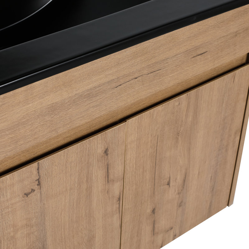 Meuble-lavabo de 30 pouces avec lavabo en céramique noire et tablette ouverte réglable - surface élégante et facile à nettoyer, 45 tiroirs spacieux à bords inclinés