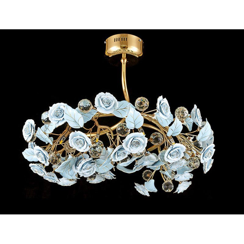 Lustre suspendu rond en porcelaine et laiton à 6 lumières Augustus, Fer forgé or, Perle noire, 24" Diameter x 14" Height