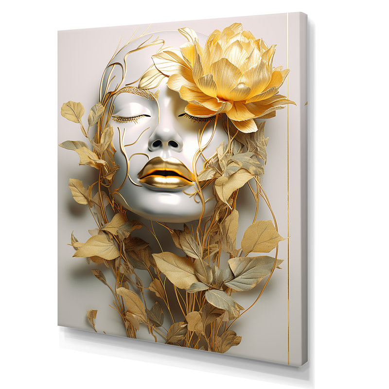 Portrait de femme blanche et dorée avec feuilles II - Fashion Woman, reproduction sur toile, Toile tendue