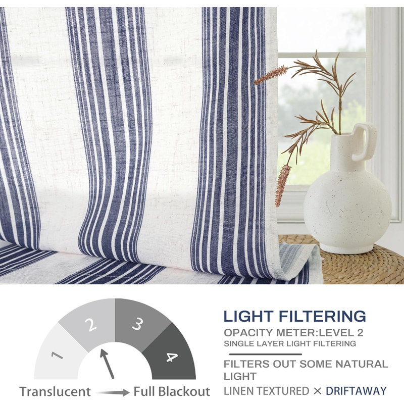 Rideaux semi-transparents en lin avec motif à rayures Chris, L 52 po x L 102 po, Bleu marine foncé