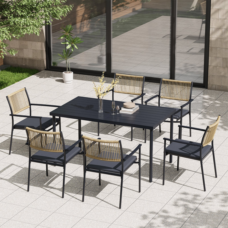 7-Piece Outdoor Patio Dining Set, HDPE Rope Back Dining Chairs with Thick Cushions & Iron Frame Table, All-Weather 6-Person Patio Furniture Set for Garden, Backyard, Poolside（Indigo Ink）