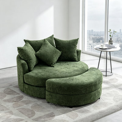 Orisfur 360° Swivel Accent Barrel Chair with Storage Ottoman & 4 Pillows, Modern Chenille Leisure Chair for Living Room, Green