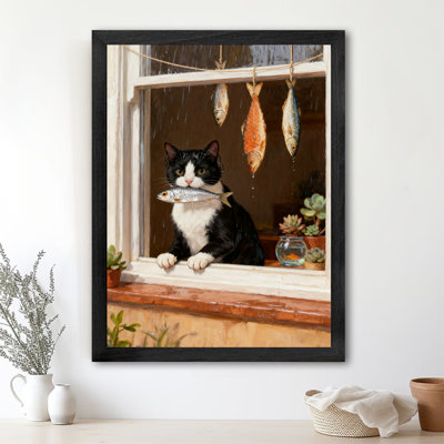 Black Framed Vintage Cats and their delicious dried fish Wall Art Retro Style Framed Prints