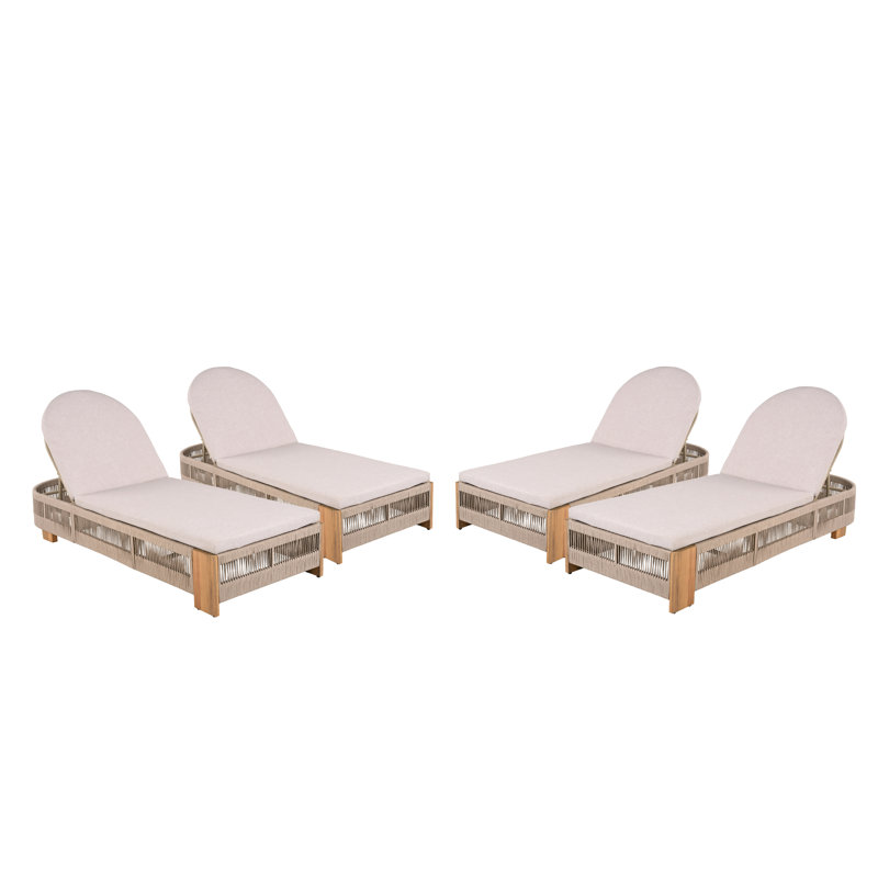 Corianne Patio Woven Rope Chaise Lounge With Adjustable Backrest & Cushions, Beige/Teak, 4