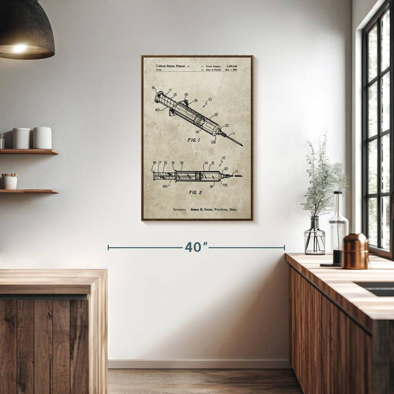 Affiche de brevet de seringues en grès, 25" x 37", Cadre flottant noyer