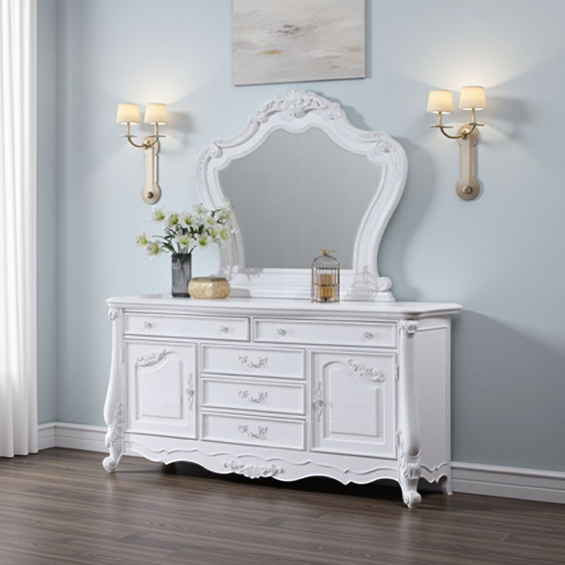Miroir de commode Maver, 46 x 48, bords biseautés, bois sculpté blanc orné