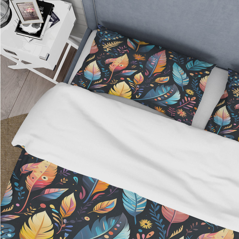 Tribal Dreamscape Feather Boho Pattern V - Boho Duvet Cover Set - Microfiber Polyester, Queen Duvet Cover + 2 Standard Shams