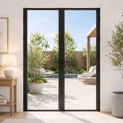 80" Modern Minimalist Full Clear Glass Interior Double Door, Matte Black Aluminum Frame Room Divider Door
