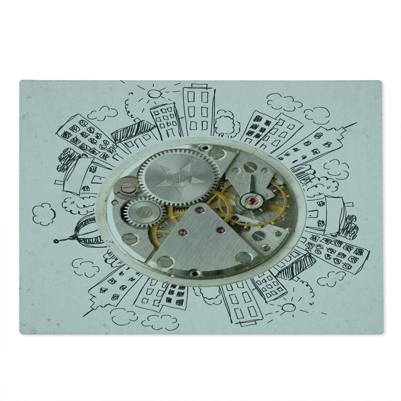 Ambesonne Modern Cutting Board Large Size Alarm Clock with Clouds Pale Grey
