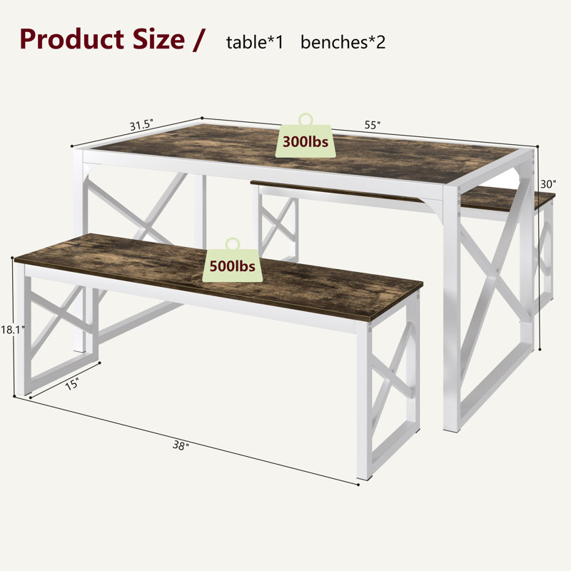 Dark Brown 3-Piece Dining Table Set With Benches – Kitchen, Small Space, Farmhouse, 30" H x 31.5" W x 55" D