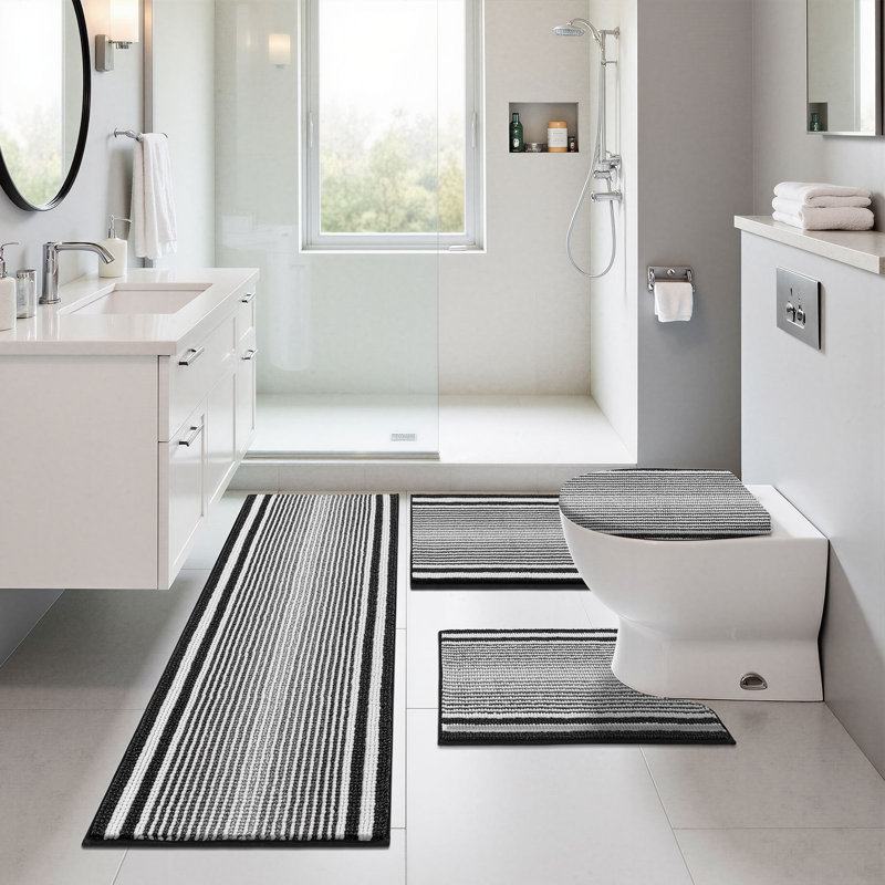 4 Piece Soft Absorbent Chenille Bath Rug Set With Non-Slip Backing (Set Of 4), Black/White