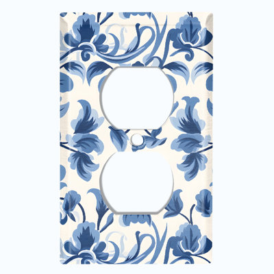 Metal Light Switch Plate Outlet Cover (Elegant Damask Blue Flower White - Single Duplex)