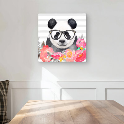 Panda with Glasses - Children Art Flowers Metal Print Decor