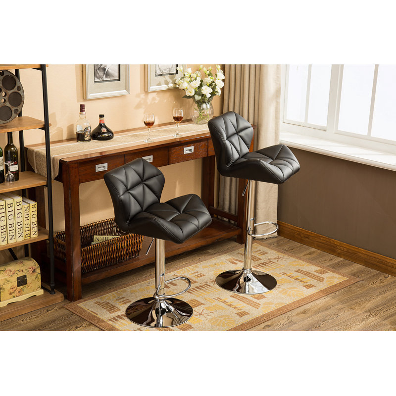Contemporary Tufted Adjustable Height Hidraulic Bar Stools, Set Of 2, Black