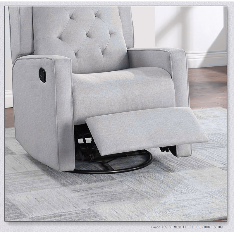 Contemporary Light Gray Polyfiber Swivel Recliner With Tufted Wing Back And Glider Function For Comfortable Living