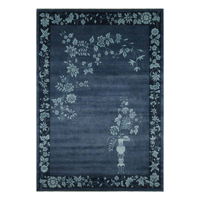 Rug & Kilim’S Chinese Art Deco Rug In Blue With Floral Patterns