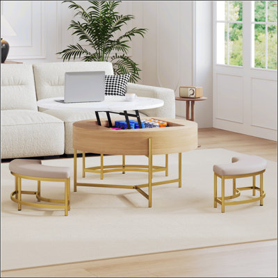 Table basse moderne à plateau relevable avec rangement et 3 repose-pieds assortis, finition blanche et naturelle