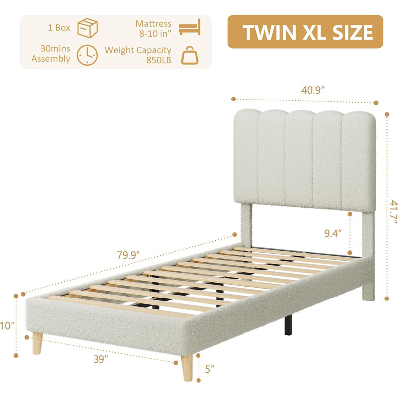 Structure de lit simple TG, lit plateforme tapissier Boucle avec tête de lit Wave pour filles / enfants, assemblage facile, support de lattes en bois, aucun sommier requis, beige