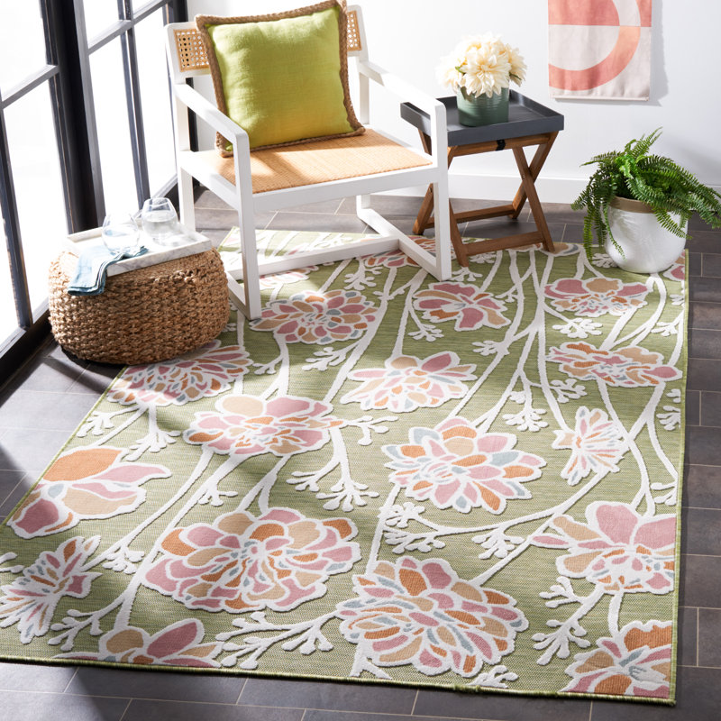 Mattalyn Floral Green/Pink Indoor / Outdoor Area Indoor/Outdoor Area Rug, Rectangle 4' x 6'