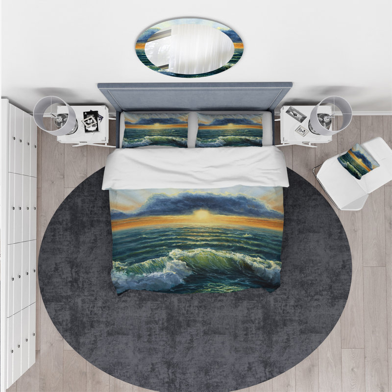 Ensemble de housse de couette designart coucher de soleil sur cloud ocean, Housse de couette très grand + 2 taies décoratives