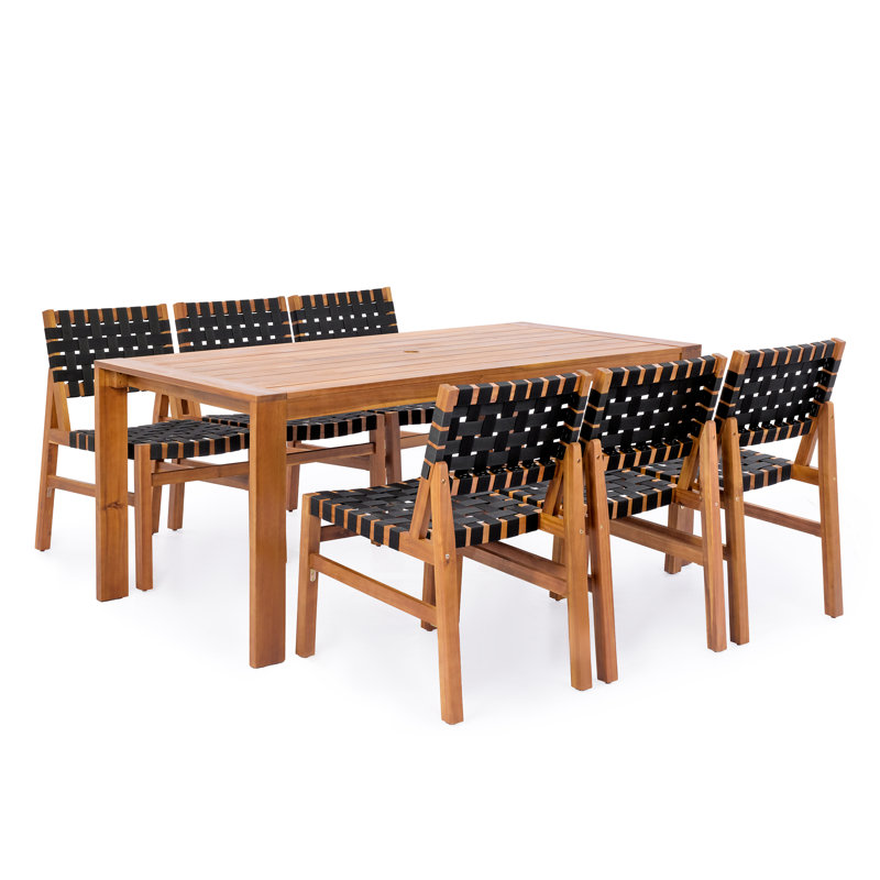 Patio 7-Piece Acacia Wood Dining Set With Slatted Table & Woven Straps, 6, Black Rope/Teak