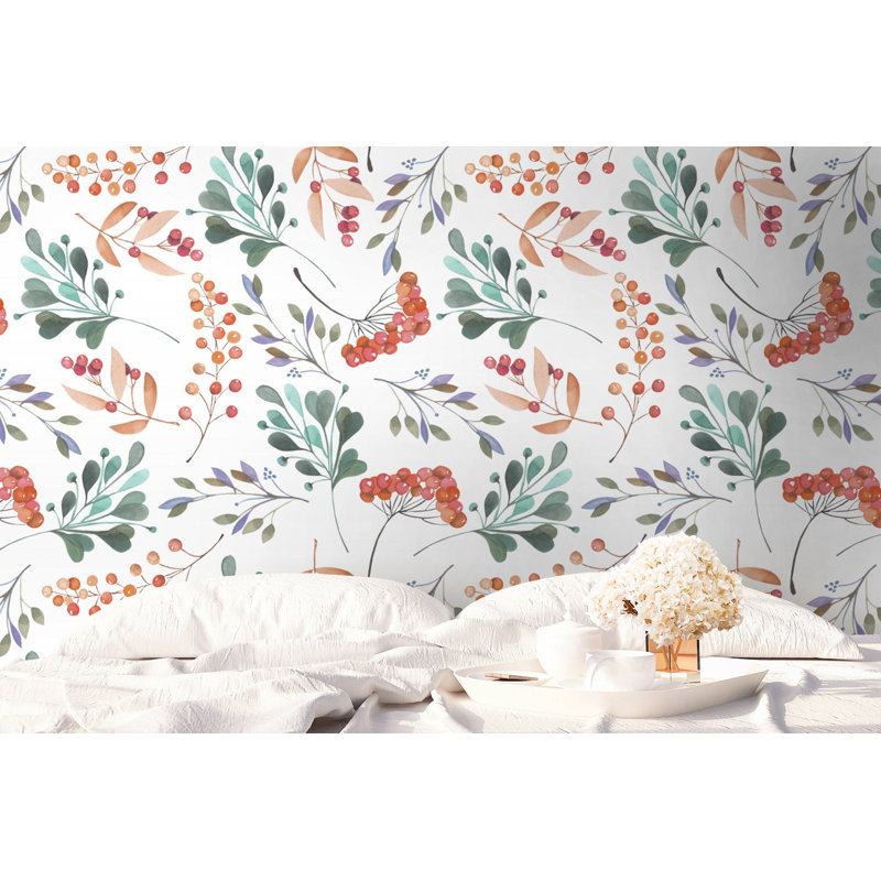 Papier peint amovible floral avec feuilles vertes et brindilles, L 75 po x l 112 po