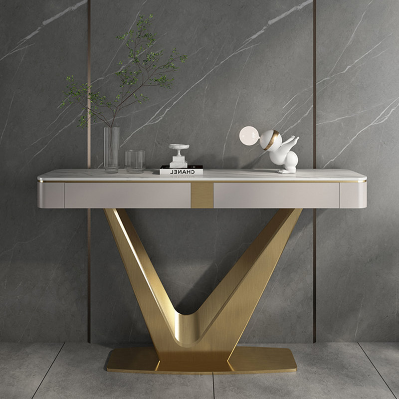 Italian-style light luxury high-end console table, White/Light Gray, 35" H x 47.2" W x 13.8" D, Gold