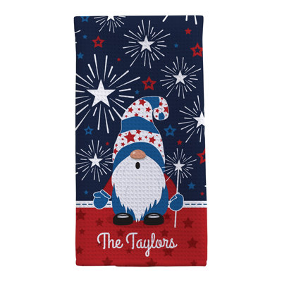 Personalized Patriotic Gnome Kitchen Towel – Custom Name 4th of July Tea Towel with Fireworks – Waffle Weave Dish Towel, Americana Home Decor (15.75" x 24.75")
