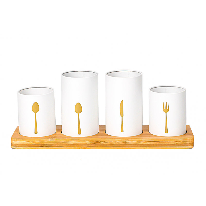 Metal Round Utensil Storage Set, White