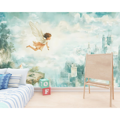 Dreamy Flying Fairy Wallpaper – Magical Sky Castle Wall Mural For Kids' Room Or Fantasy Decor