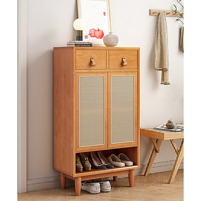 Japanese-style wicker and solid wood shoe cabinet, 47.3" H x 23.7" W x 13" D
