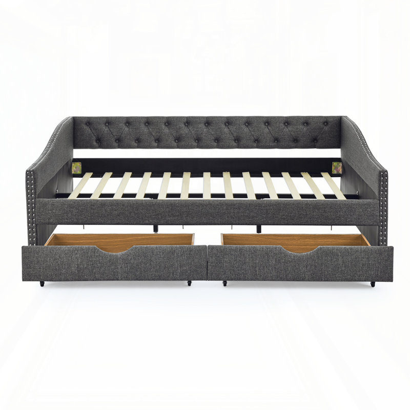 Upholstered Queen Size Daybed with Drawers, Queen, Dark Gray