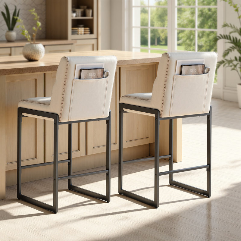 Chaises de bar 26,4 pouces avec coutures, similicuir, blanc, Blanc, crème