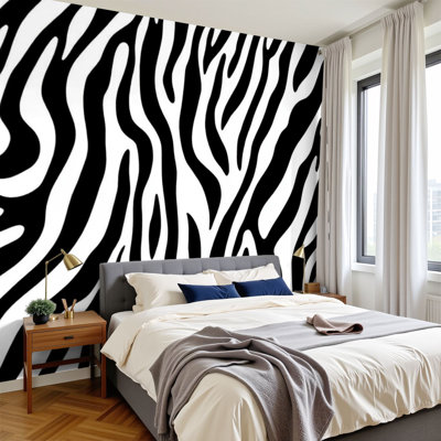 Peel and Stick Wallpaper 96" W x 69" H Modern Self Adhesive Wall Mural for Bedroom Zebra seamless Black white zebra stripes zoo fabric animal skin