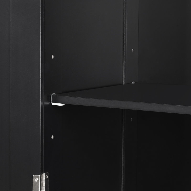 Grand meuble-lavabo autoportant noir, fabriqué en panneau de fibres à densité moyenne avec une finition laquée, avec deux tailles de tiroirs et des tablettes réglables pour un rangement pratique.